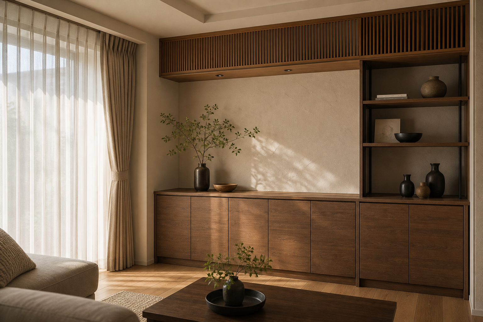 造作家具とカーテンの住空間リフォーム